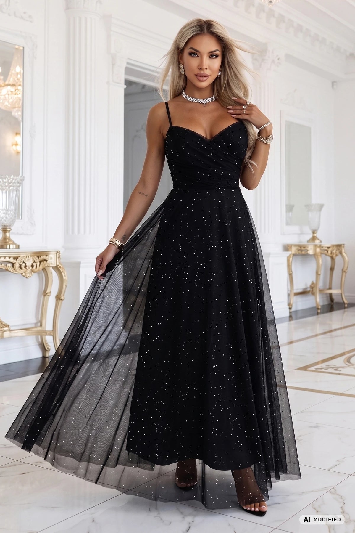 Glitter maxi dress on straps with a wrap neckline – Black