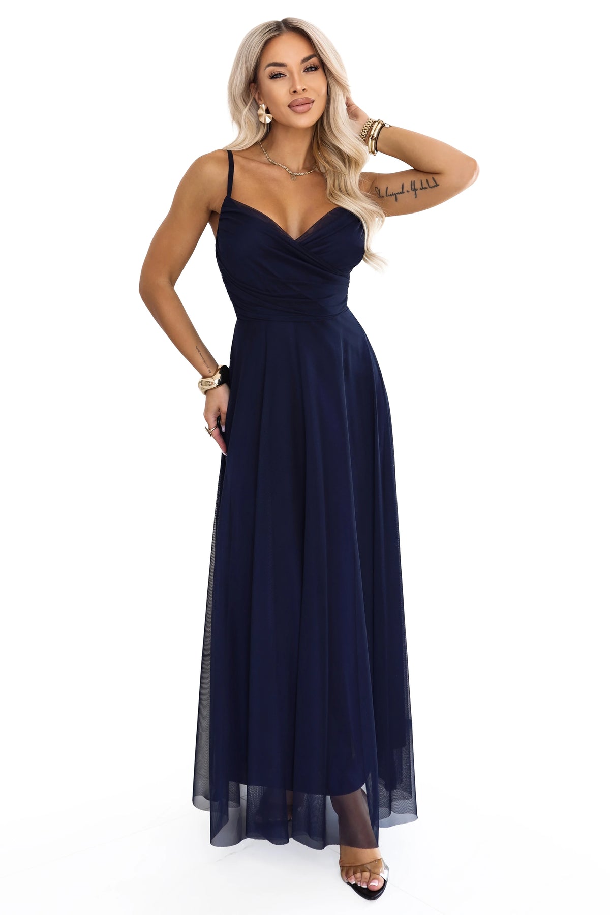 NILA Tulle maxi dress on straps with a wrap neckline – Navy Blue