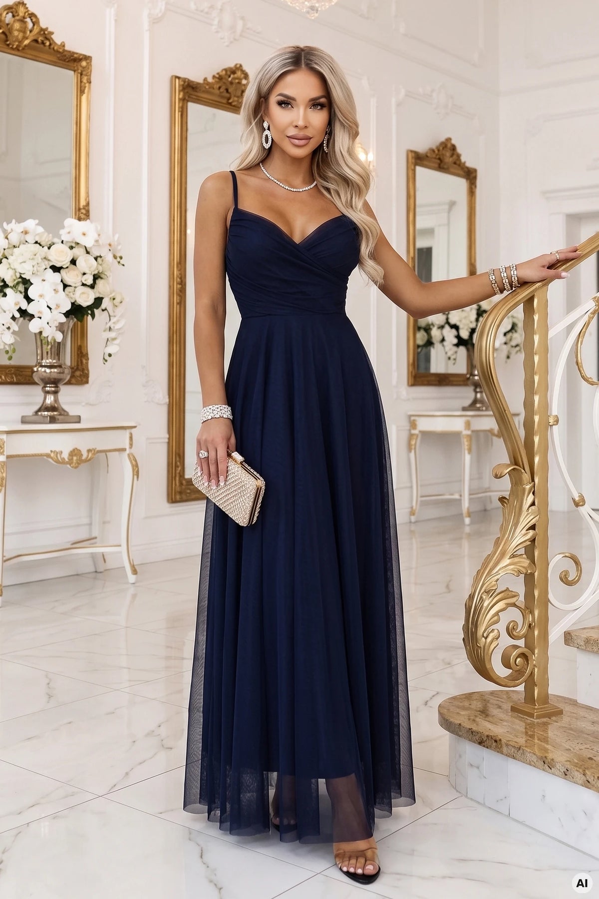 NILA Tulle maxi dress on straps with a wrap neckline – Navy Blue