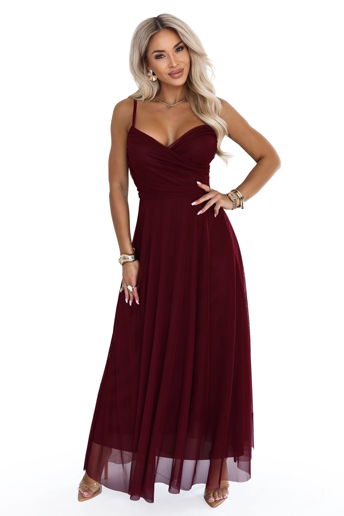 NILA Tulle maxi dress on straps with a wrap neckline – Burgundy