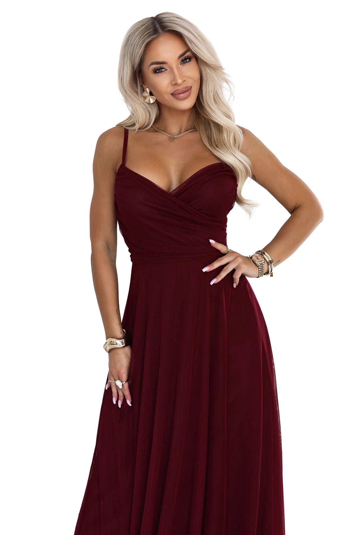 NILA Tulle maxi dress on straps with a wrap neckline – Burgundy