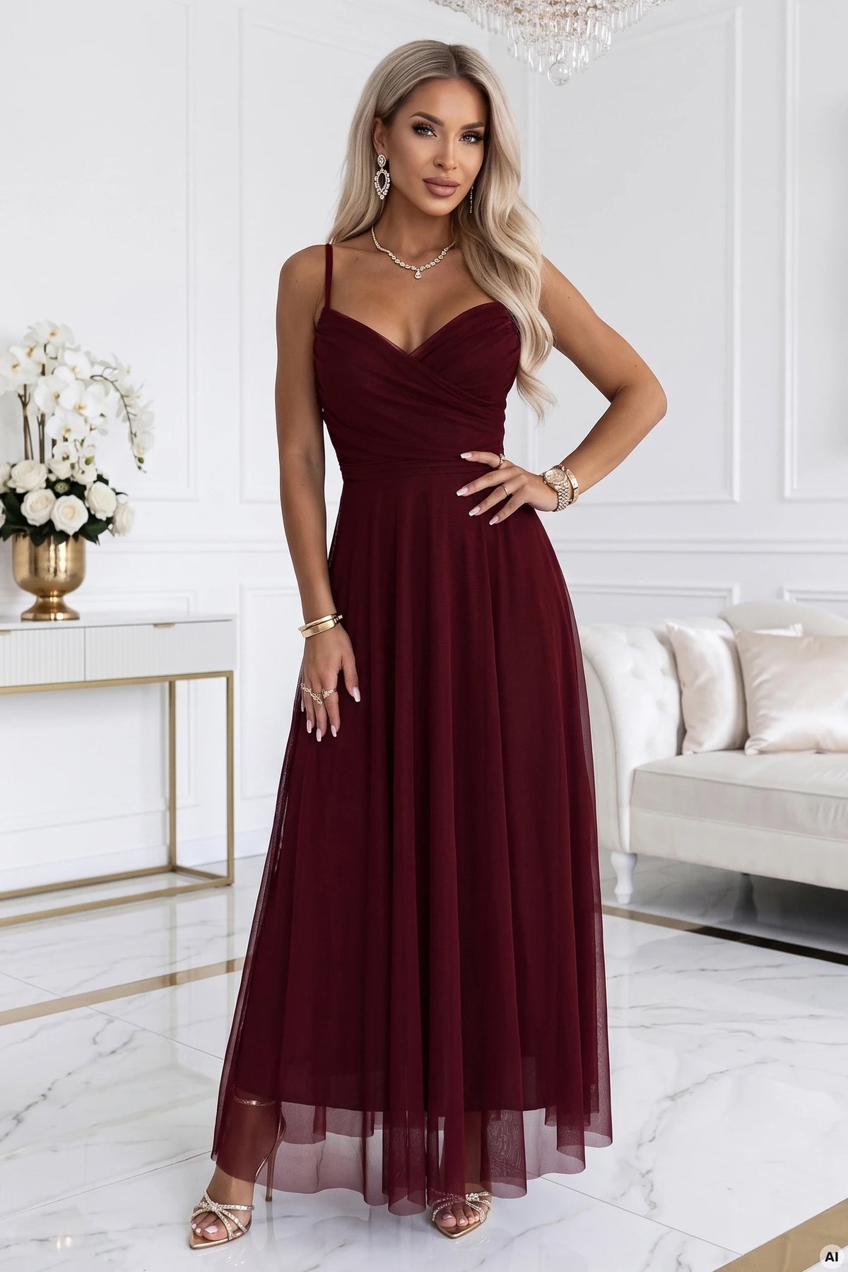 NILA Tulle maxi dress on straps with a wrap neckline – Burgundy