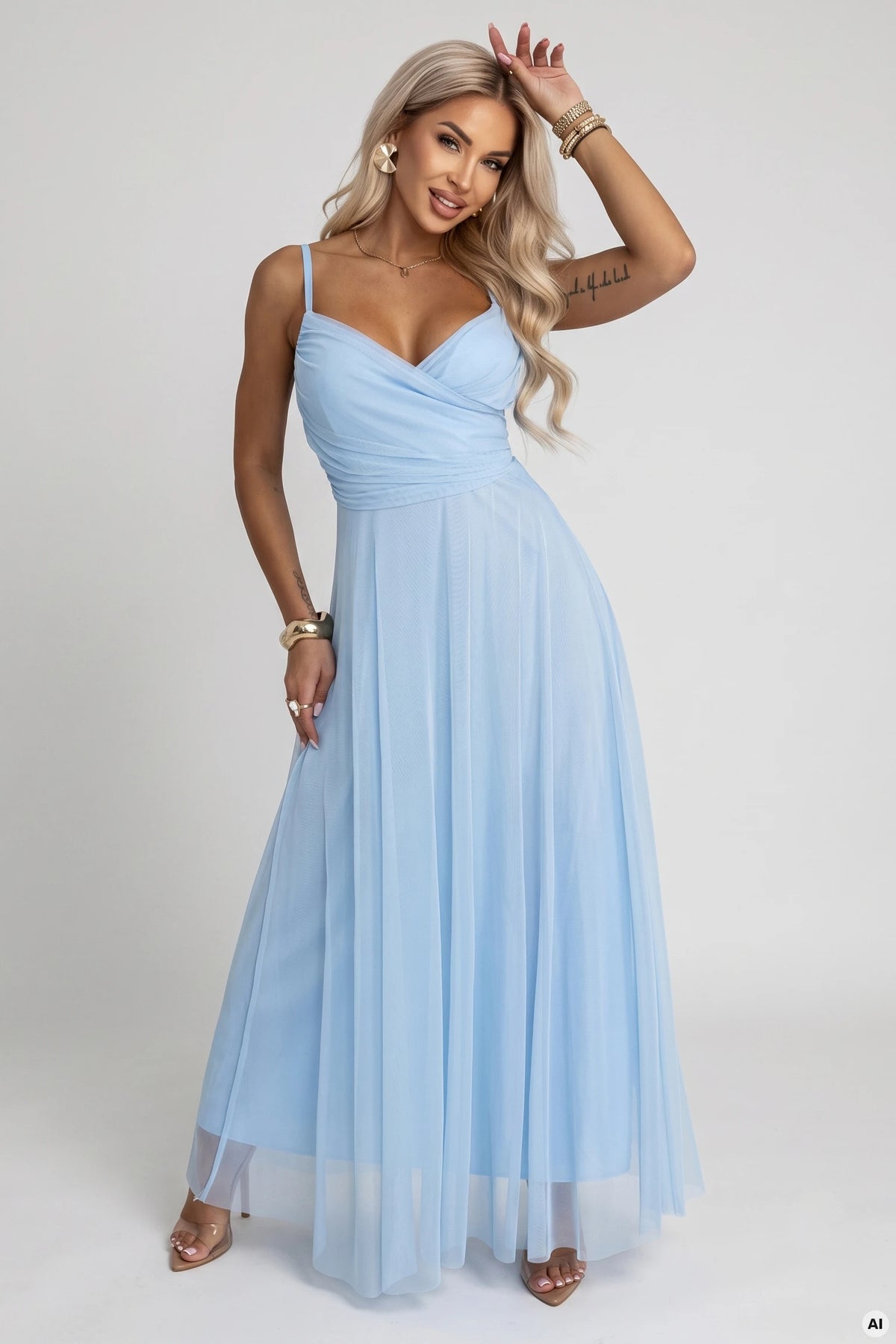 NILA Tulle maxi dress on straps with a wrap neckline – Sky Blue