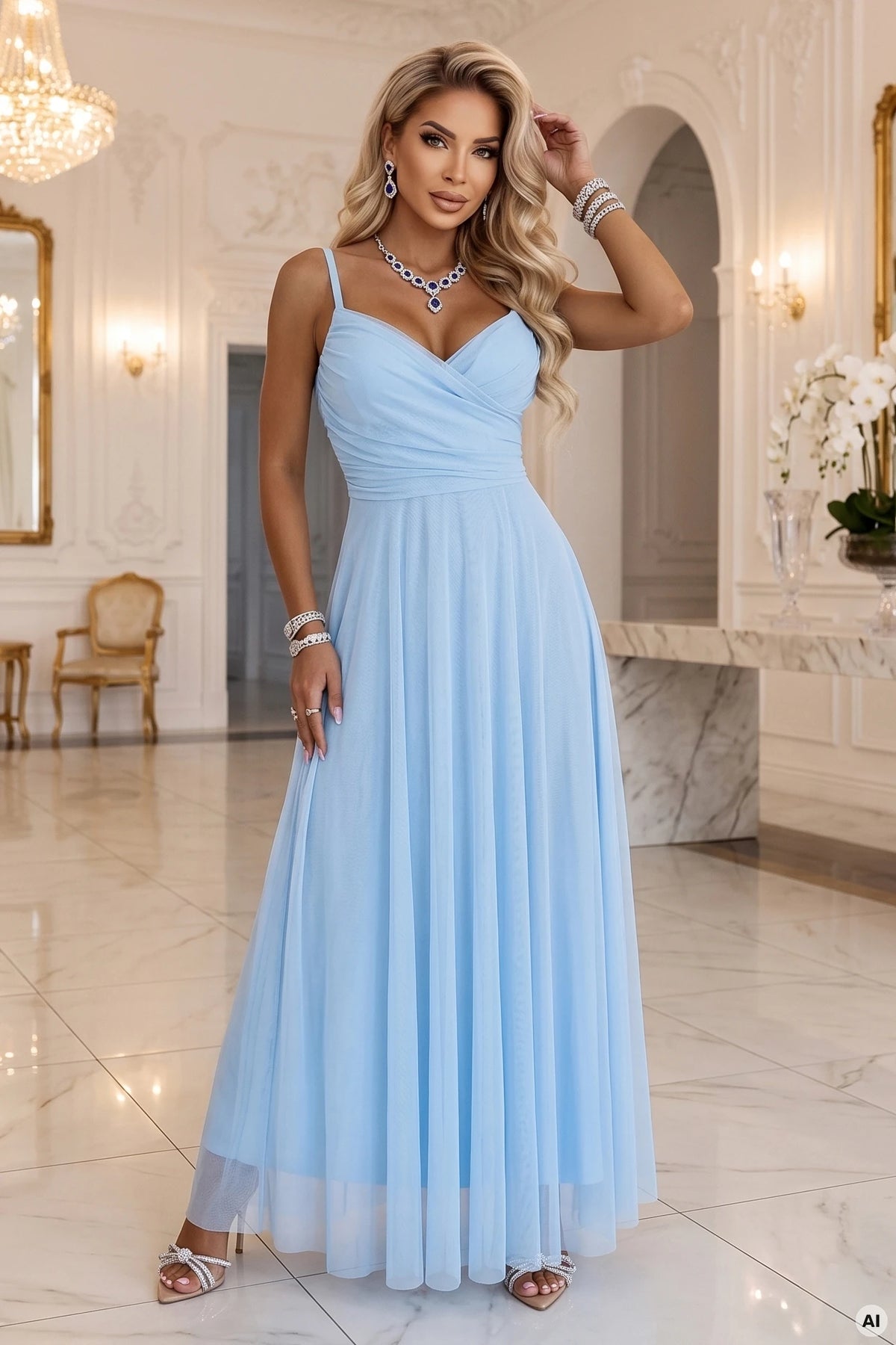 NILA Tulle maxi dress on straps with a wrap neckline – Sky Blue