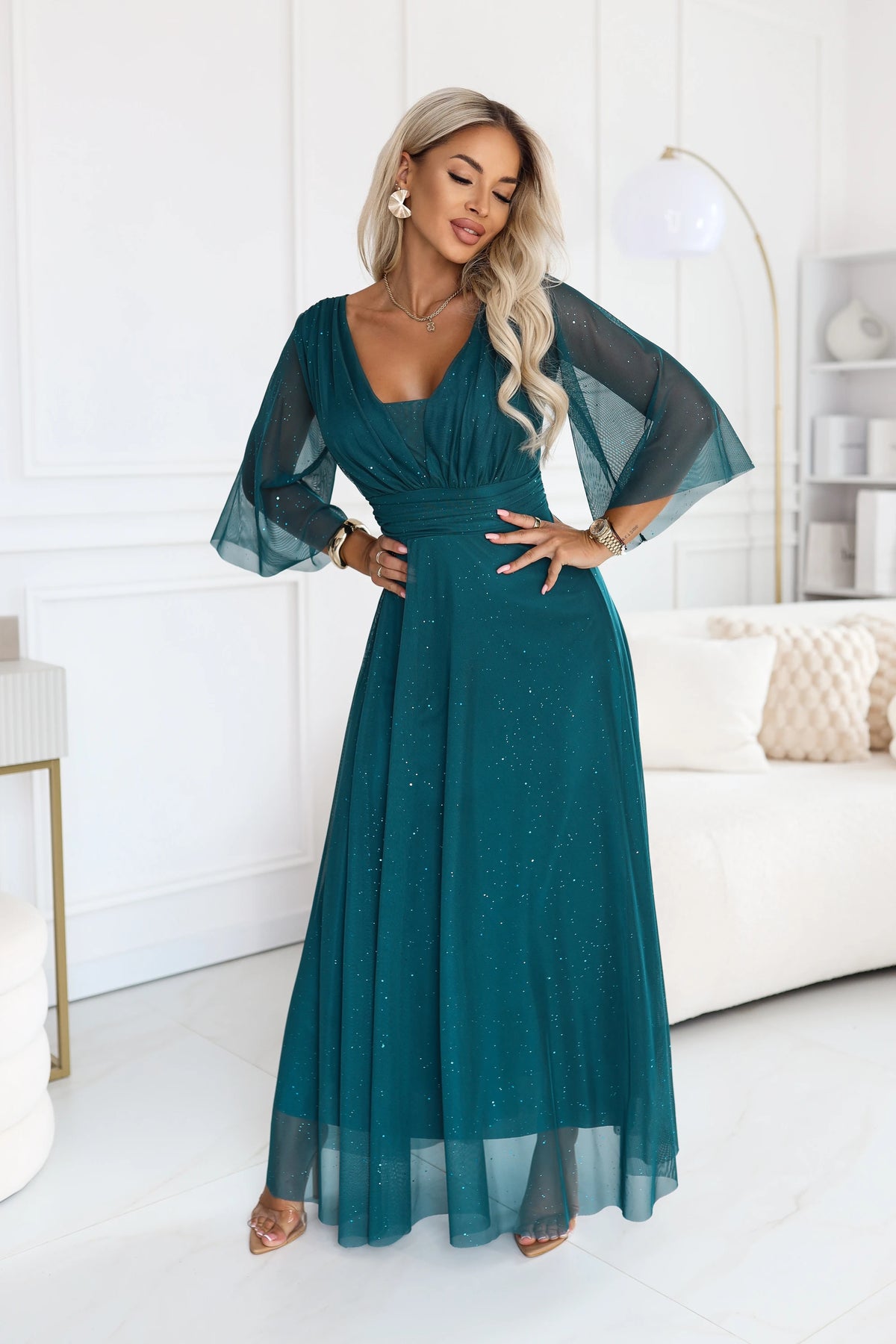 SOLENNE Long shimmering dress with neckline and sleeve – Sea Green