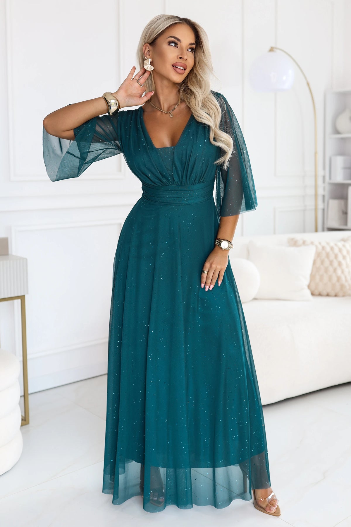 SOLENNE Long shimmering dress with neckline and sleeve – Sea Green