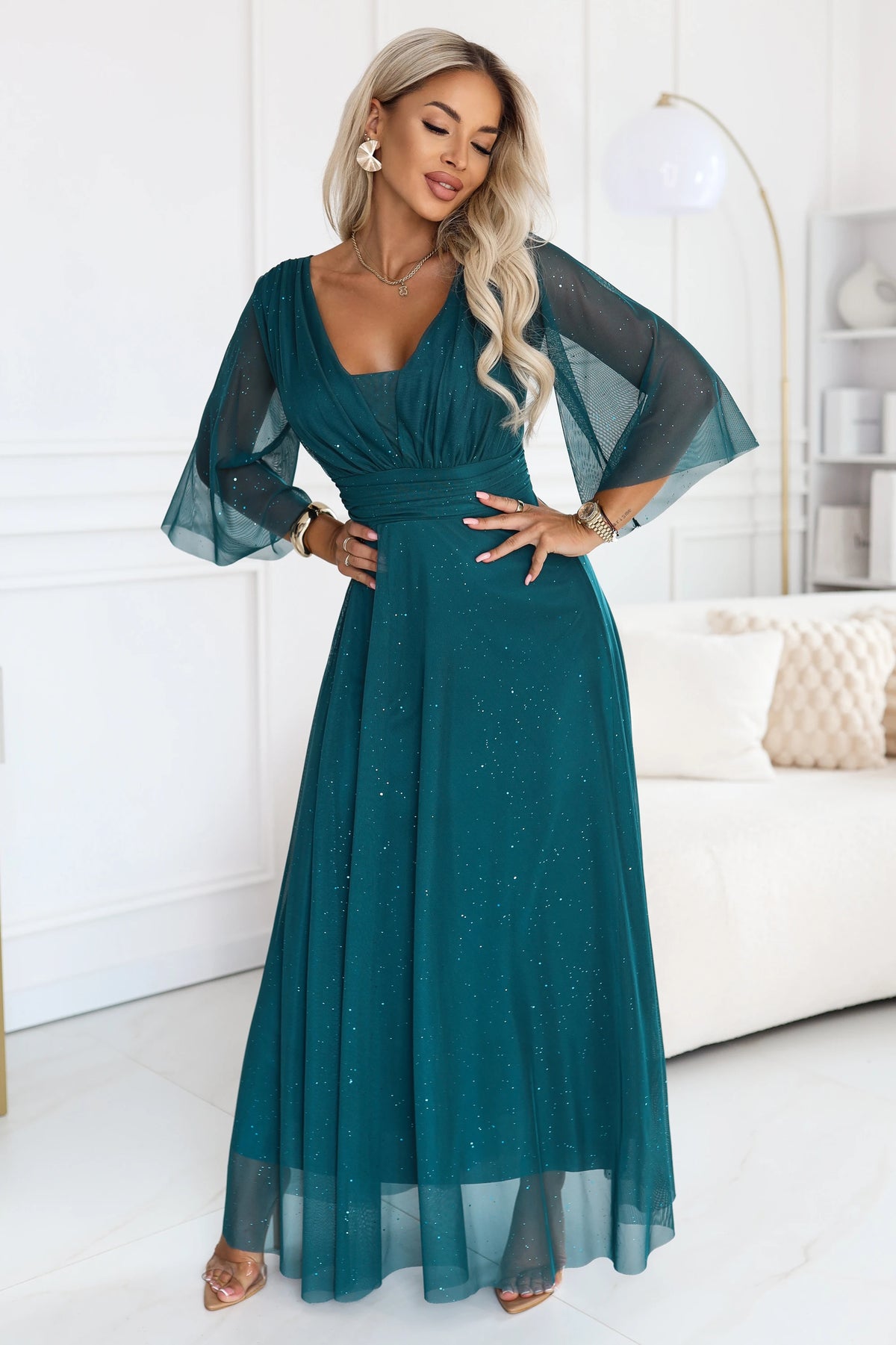 SOLENNE Long shimmering dress with neckline and sleeve – Sea Green