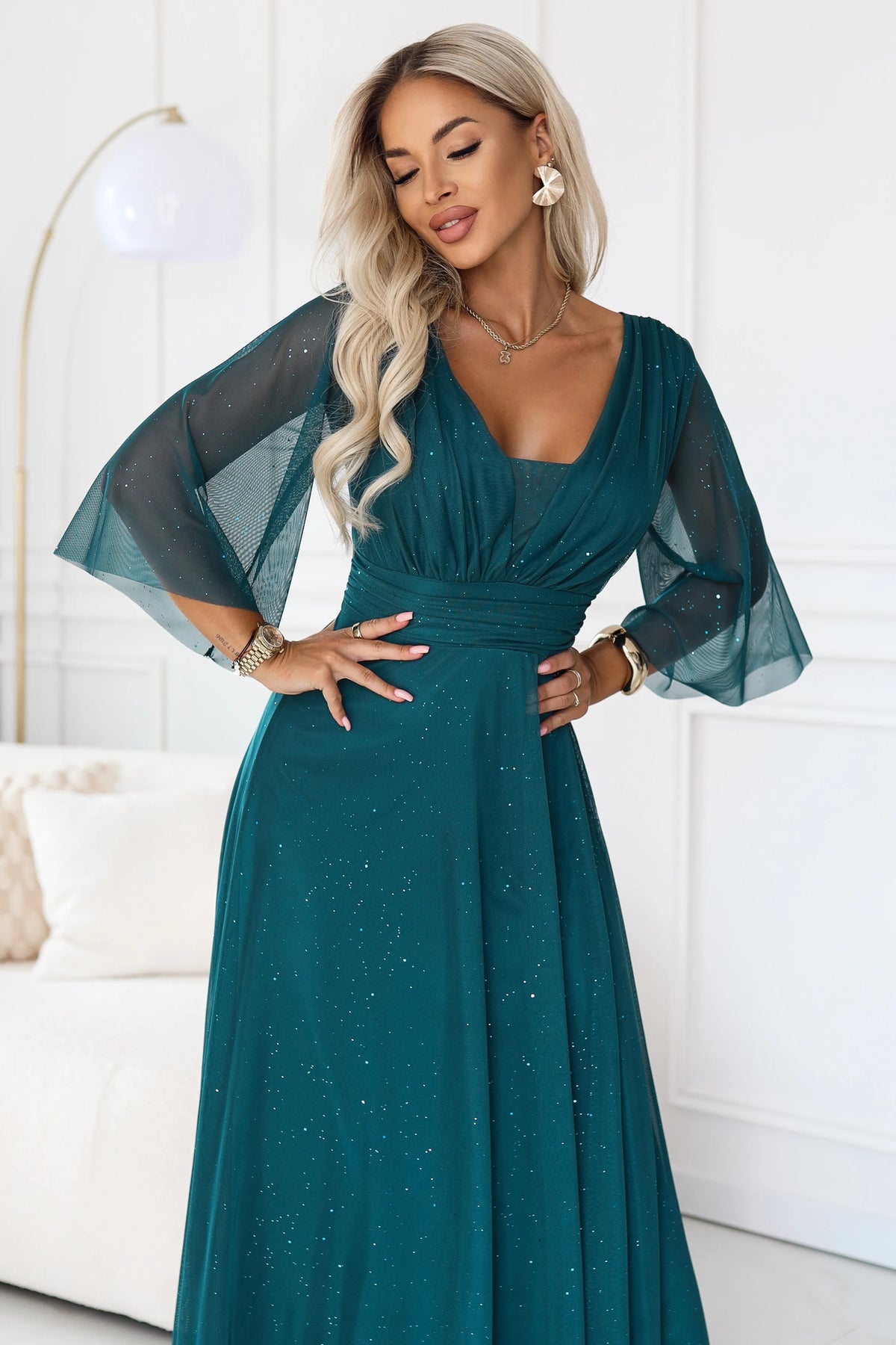 SOLENNE Long shimmering dress with neckline and sleeve – Sea Green