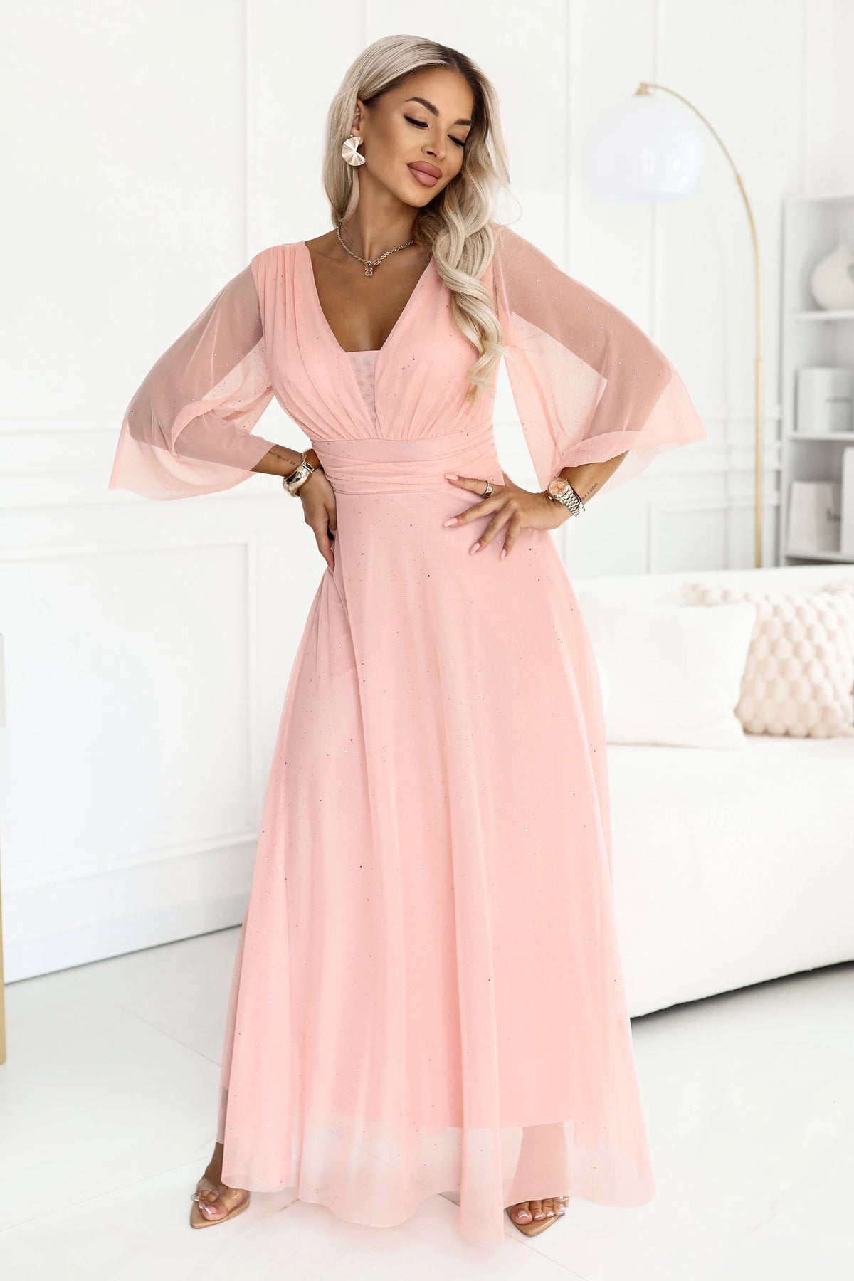 SOLENNE Long shimmering dress with neckline and sleeve – Peach