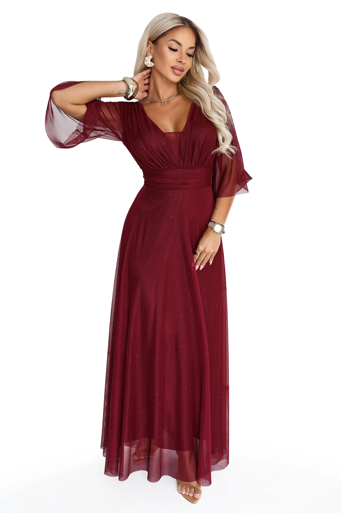 SOLENNE Long shimmering dress with neckline and sleeve – Dark Burgundy