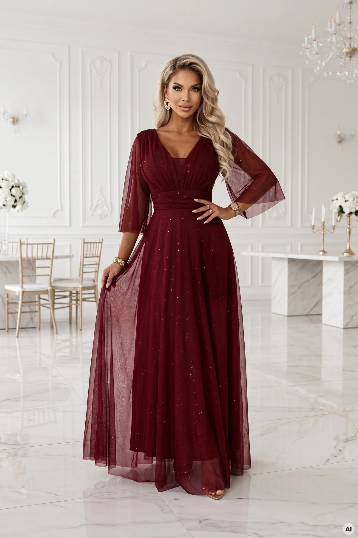 SOLENNE Long shimmering dress with neckline and sleeve – Dark Burgundy