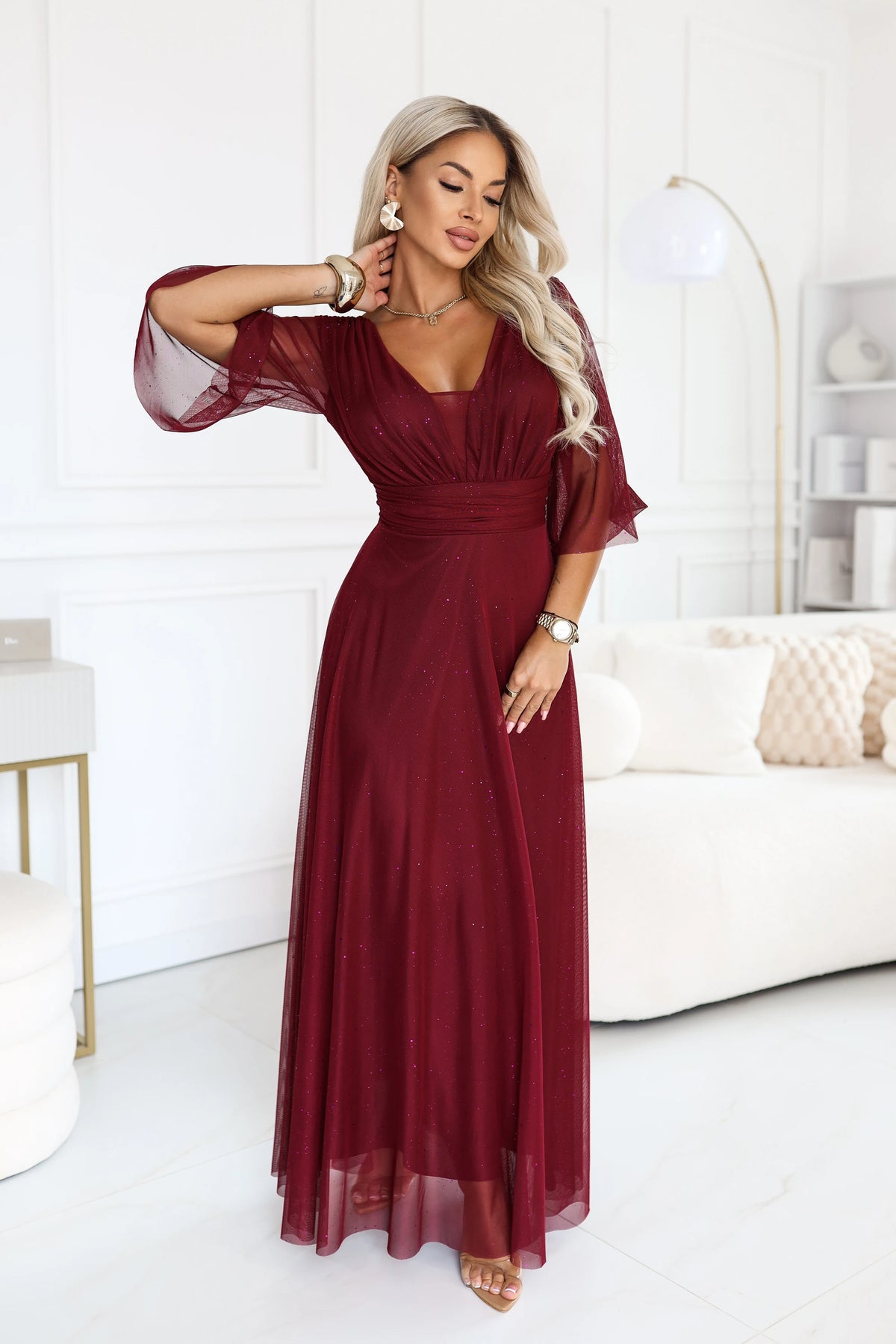 SOLENNE Long shimmering dress with neckline and sleeve – Dark Burgundy