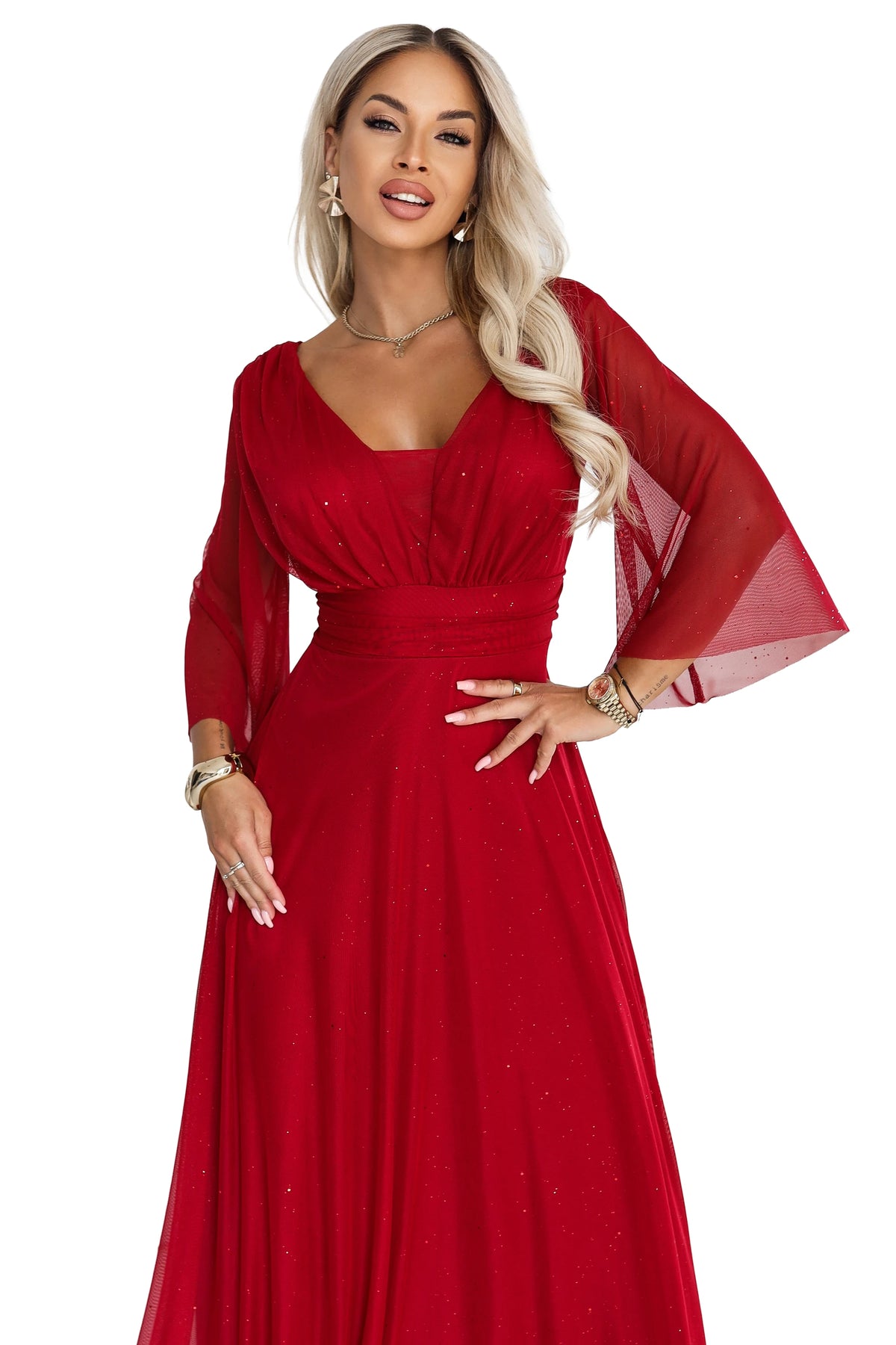 SOLENNE Long shimmering dress with neckline and sleeve – Light Burgundy