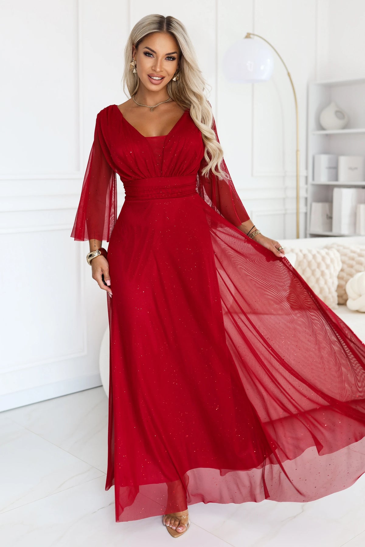 SOLENNE Long shimmering dress with neckline and sleeve – Light Burgundy