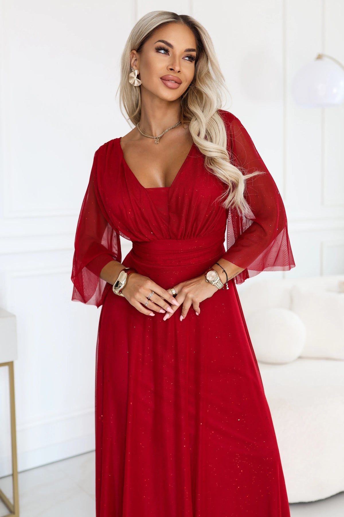 SOLENNE Long shimmering dress with neckline and sleeve – Light Burgundy