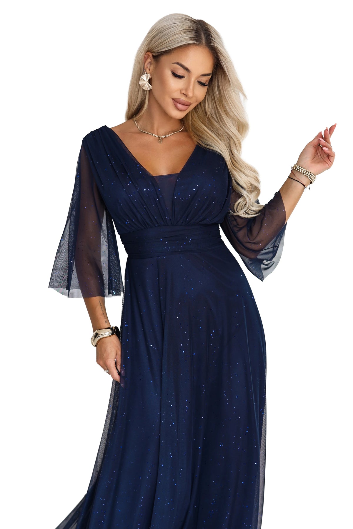 SOLENNE Long shimmering dress with neckline and sleeve – Navy Blue