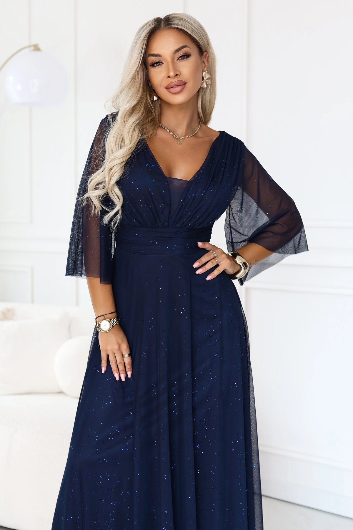 SOLENNE Long shimmering dress with neckline and sleeve – Navy Blue