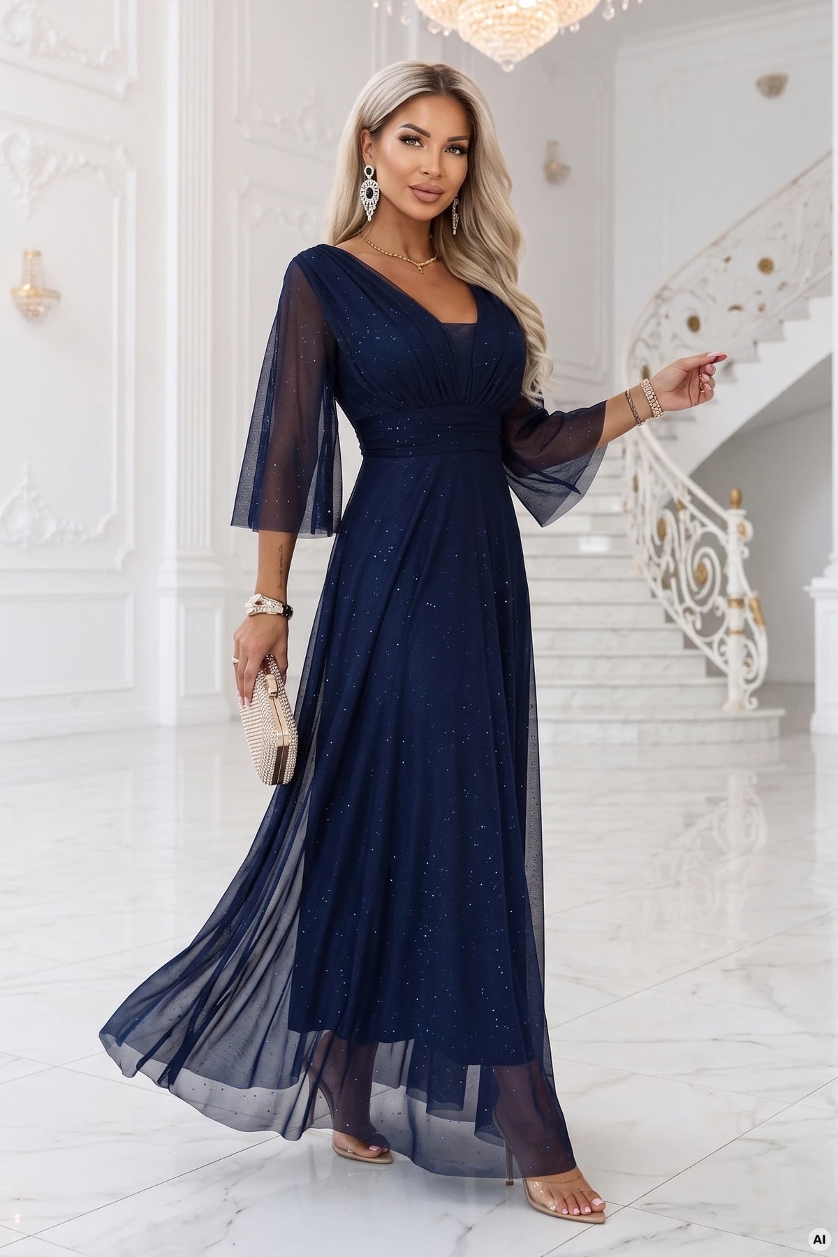 SOLENNE Long shimmering dress with neckline and sleeve – Navy Blue