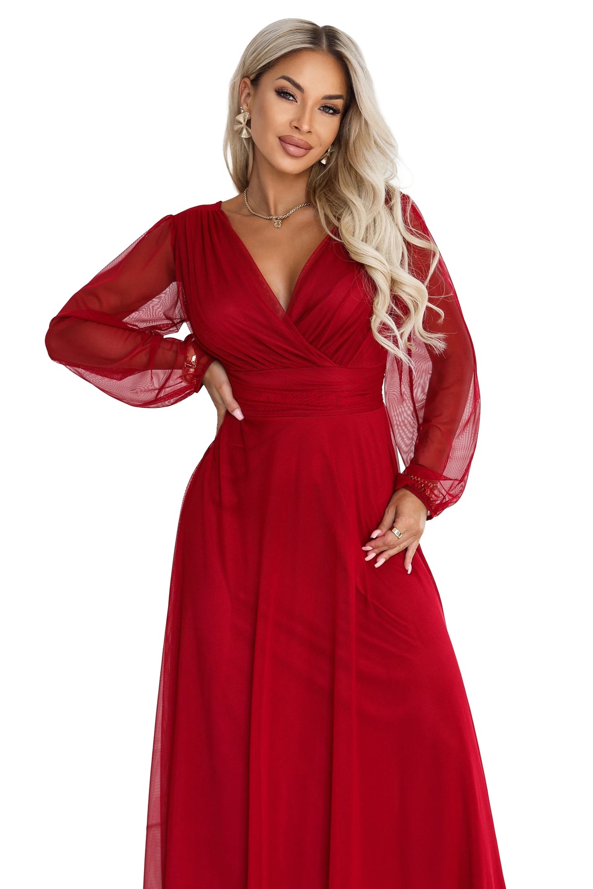 NERISSA Elegant tulle maxi dress with a wrap neckline – Light Burgundy