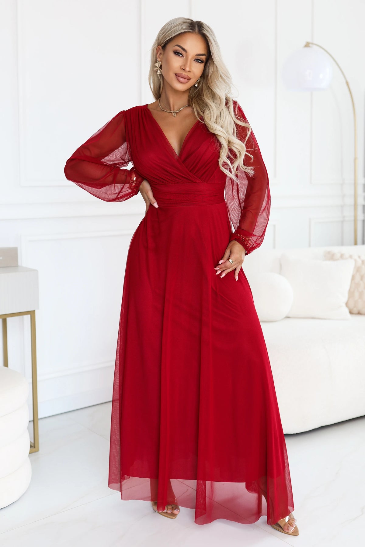 NERISSA Elegant tulle maxi dress with a wrap neckline – Light Burgundy