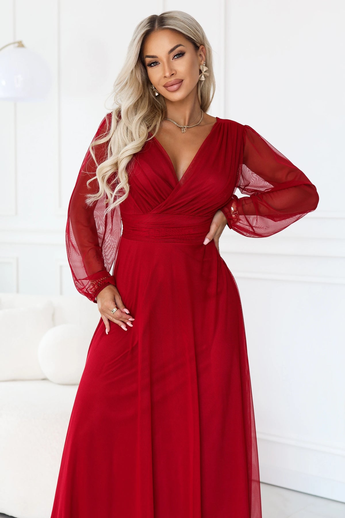 NERISSA Elegant tulle maxi dress with a wrap neckline – Light Burgundy