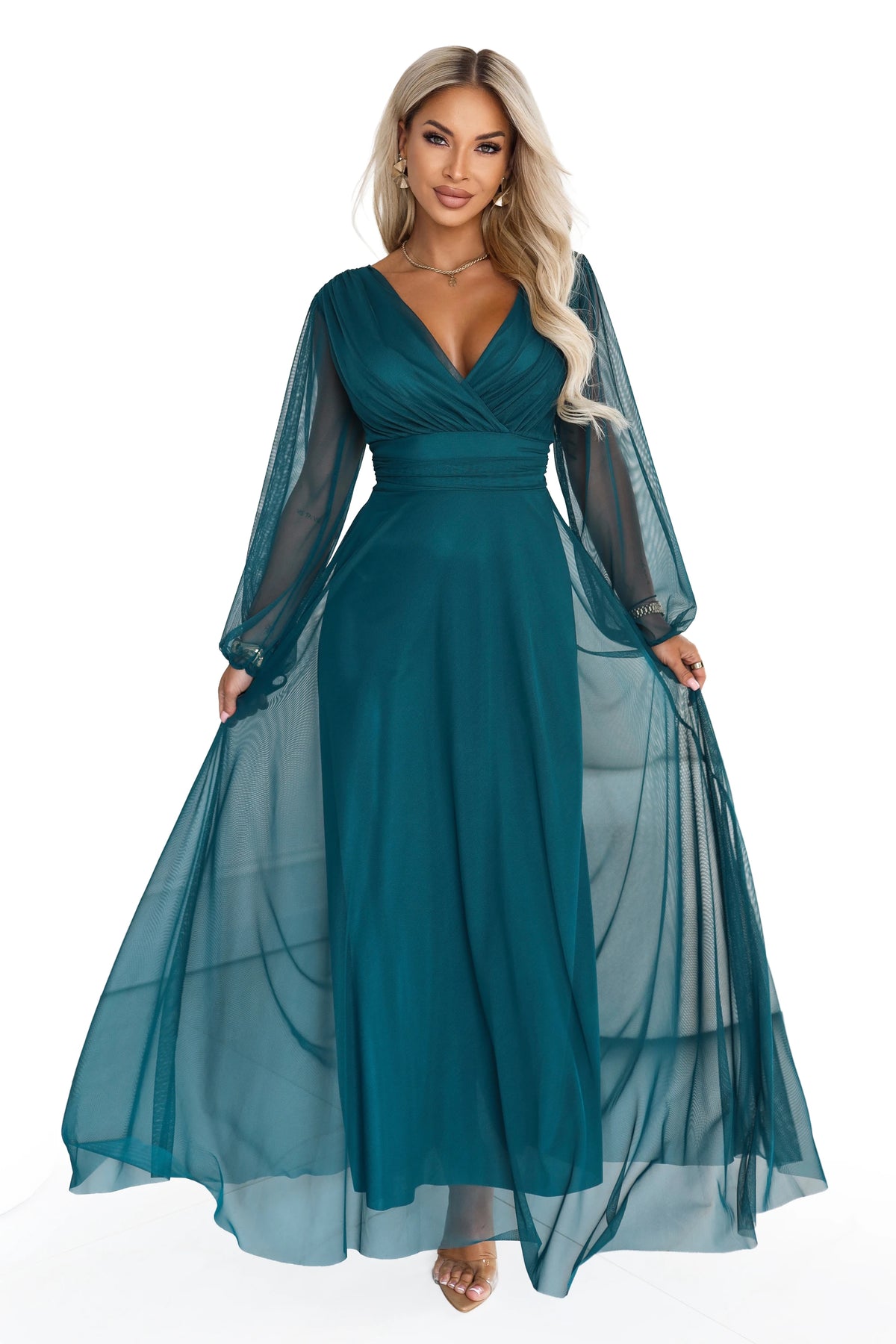 NERISSA Elegant tulle maxi dress with a wrap neckline – Sea Green