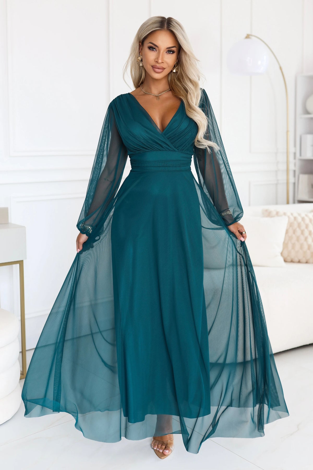 NERISSA Elegant tulle maxi dress with a wrap neckline – Sea Green