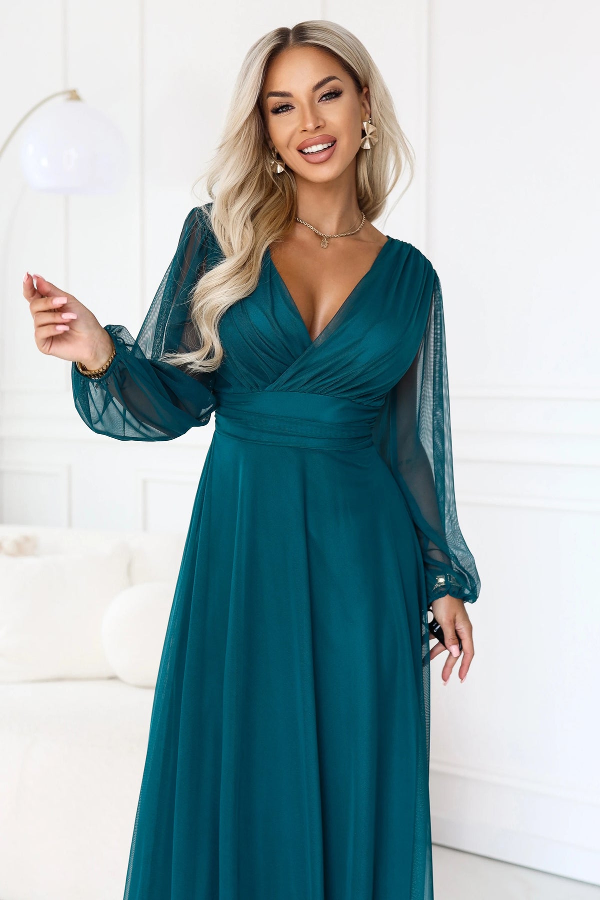 NERISSA Elegant tulle maxi dress with a wrap neckline – Sea Green