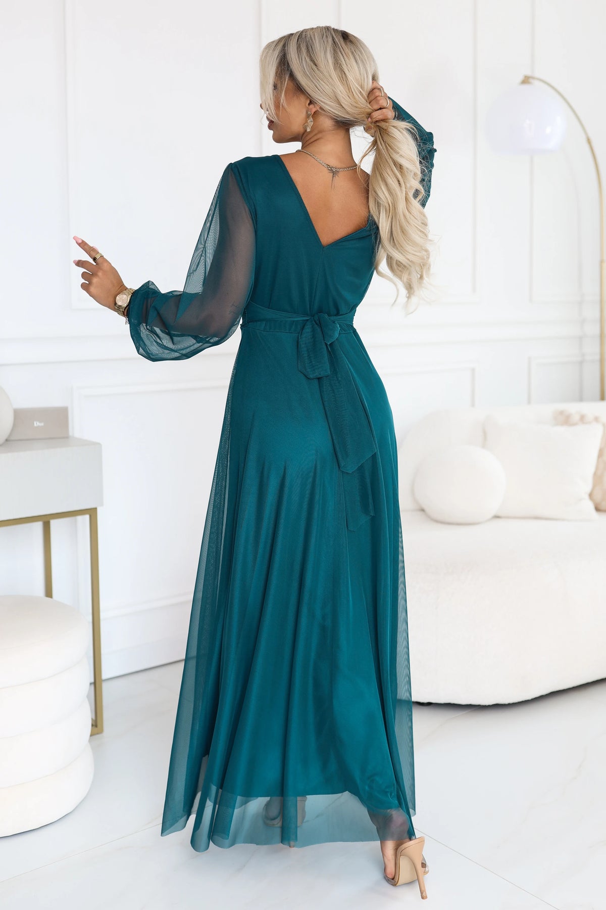 NERISSA Elegant tulle maxi dress with a wrap neckline – Sea Green
