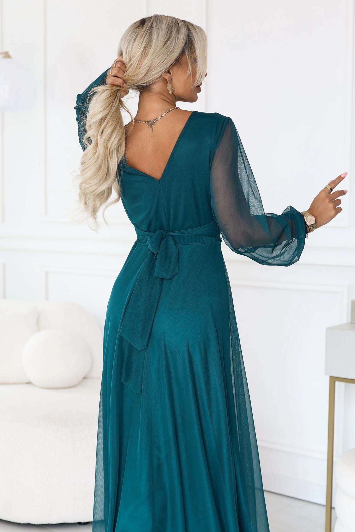 NERISSA Elegant tulle maxi dress with a wrap neckline – Sea Green