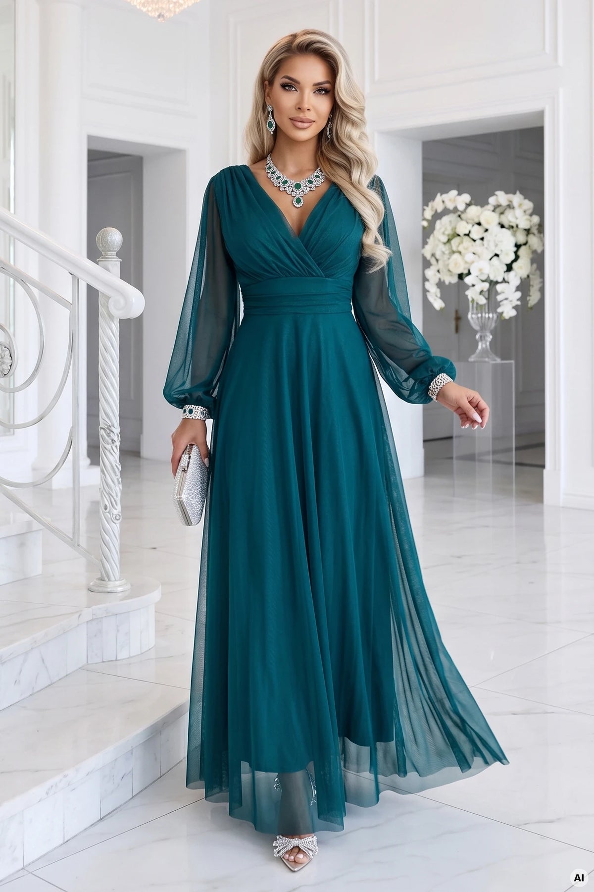 NERISSA Elegant tulle maxi dress with a wrap neckline – Sea Green
