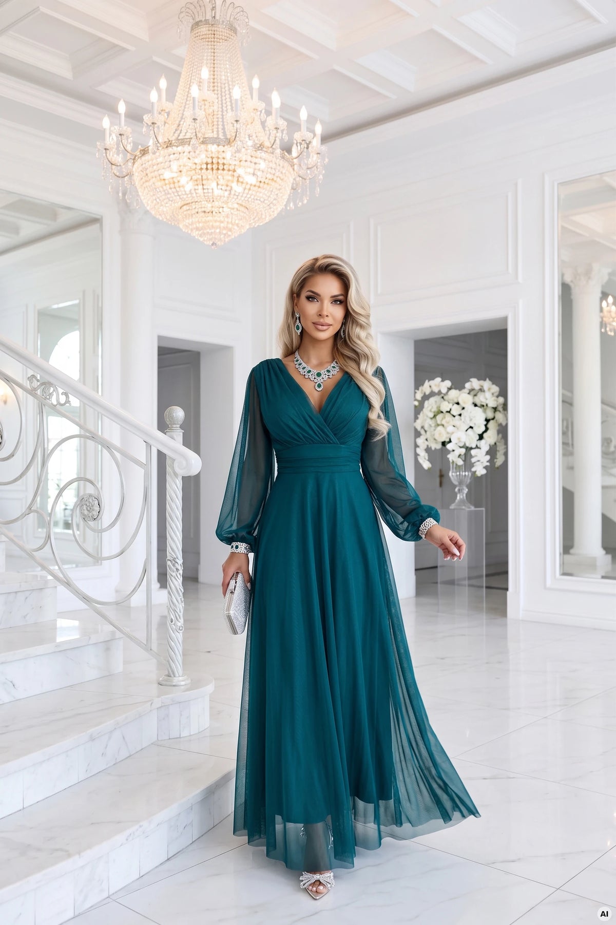 NERISSA Elegant tulle maxi dress with a wrap neckline – Sea Green