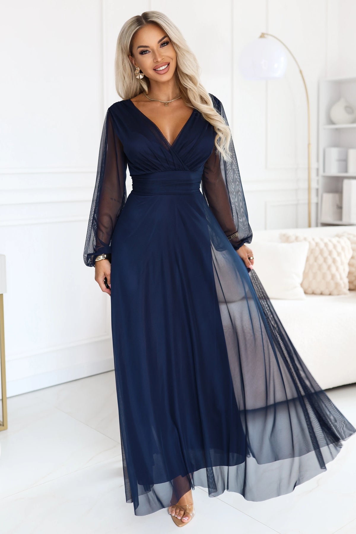 NERISSA Elegant tulle maxi dress with a wrap neckline – Navy Blue