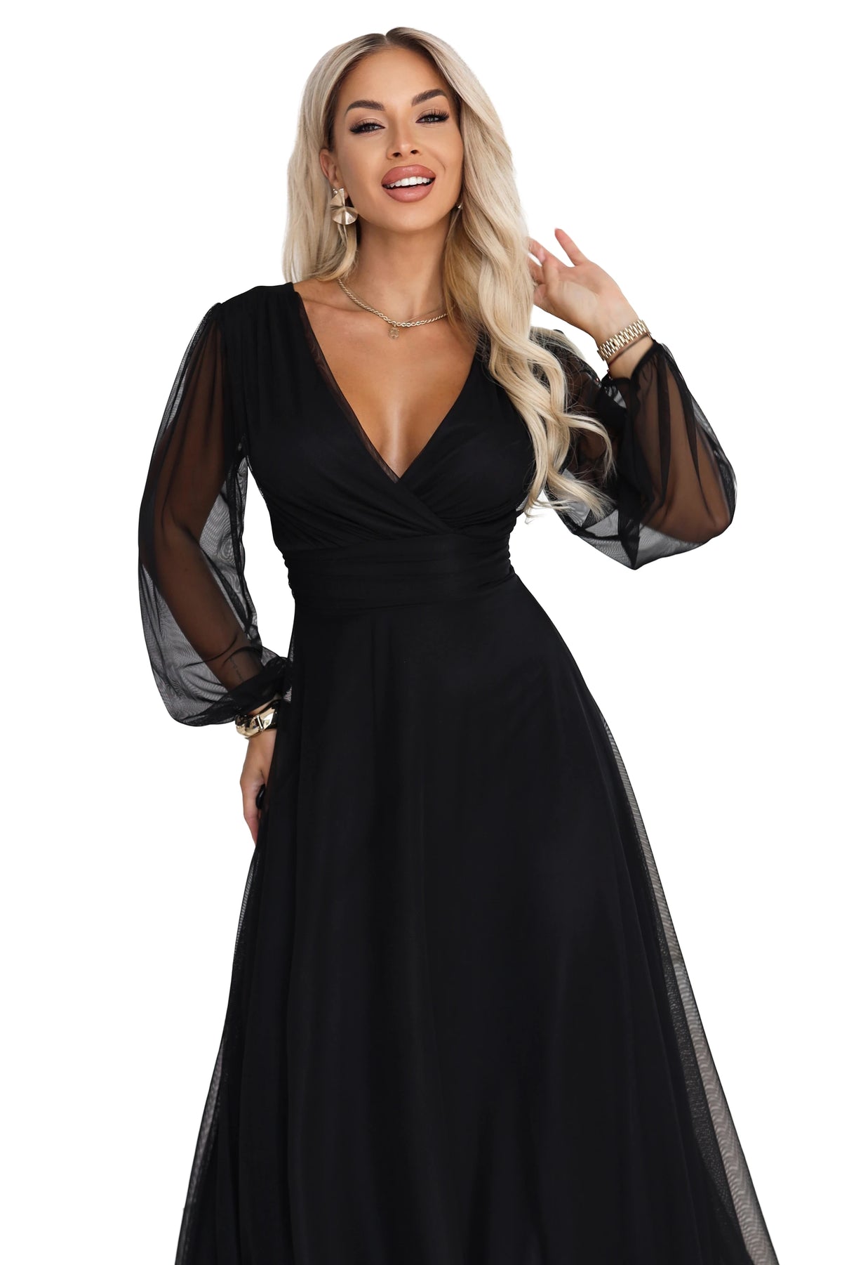 NERISSA Elegant tulle maxi dress with a wrap neckline – Black