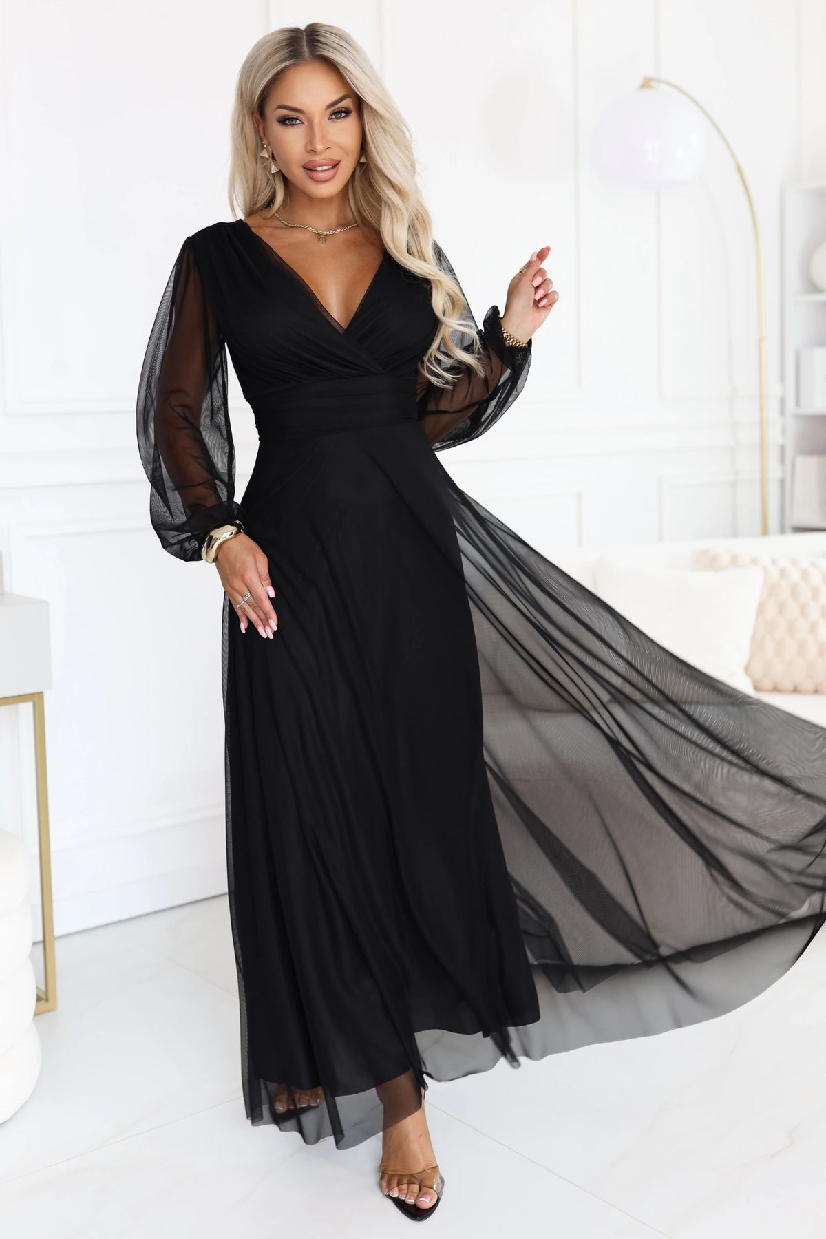 NERISSA Elegant tulle maxi dress with a wrap neckline – Black