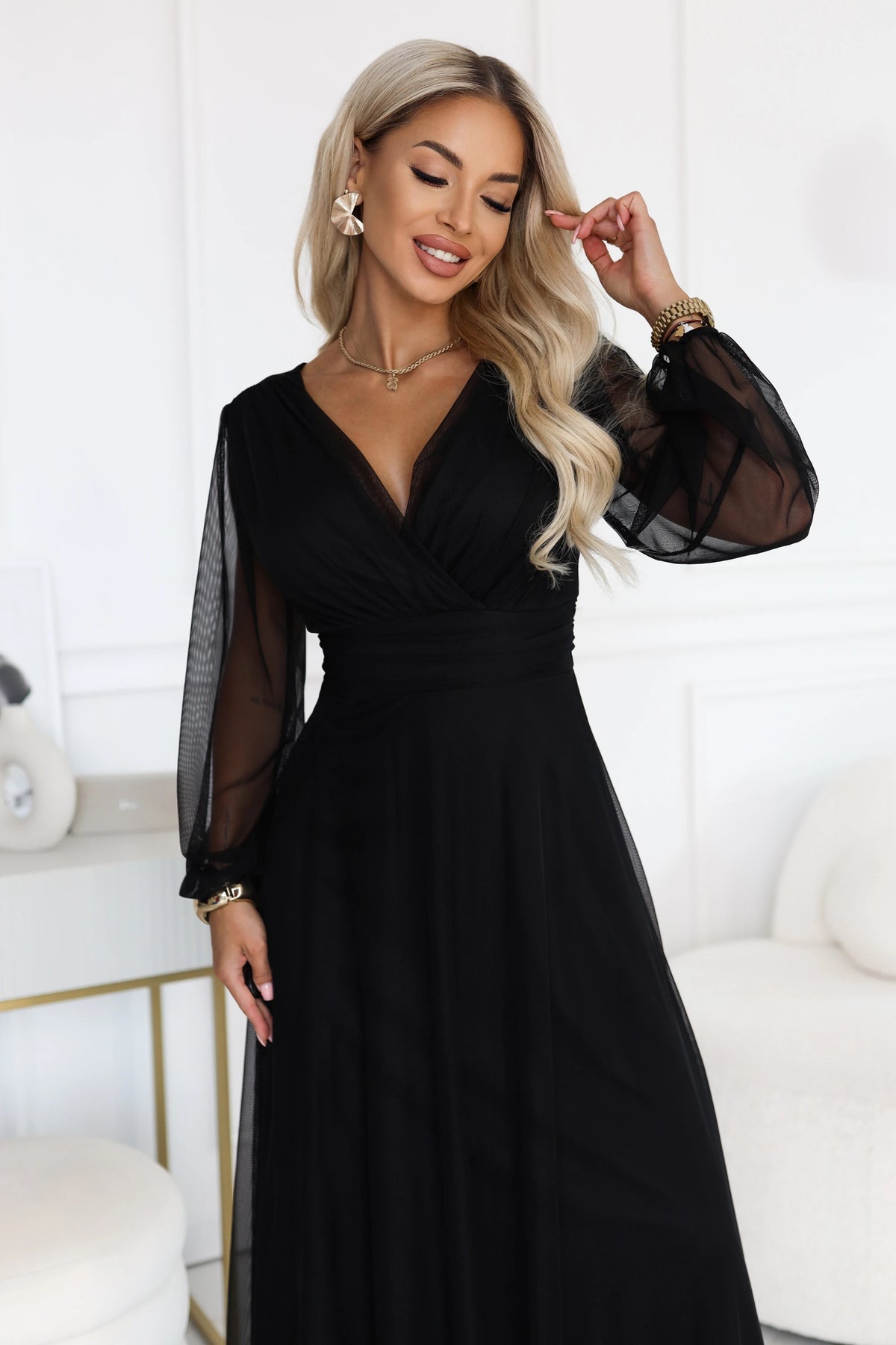 NERISSA Elegant tulle maxi dress with a wrap neckline – Black