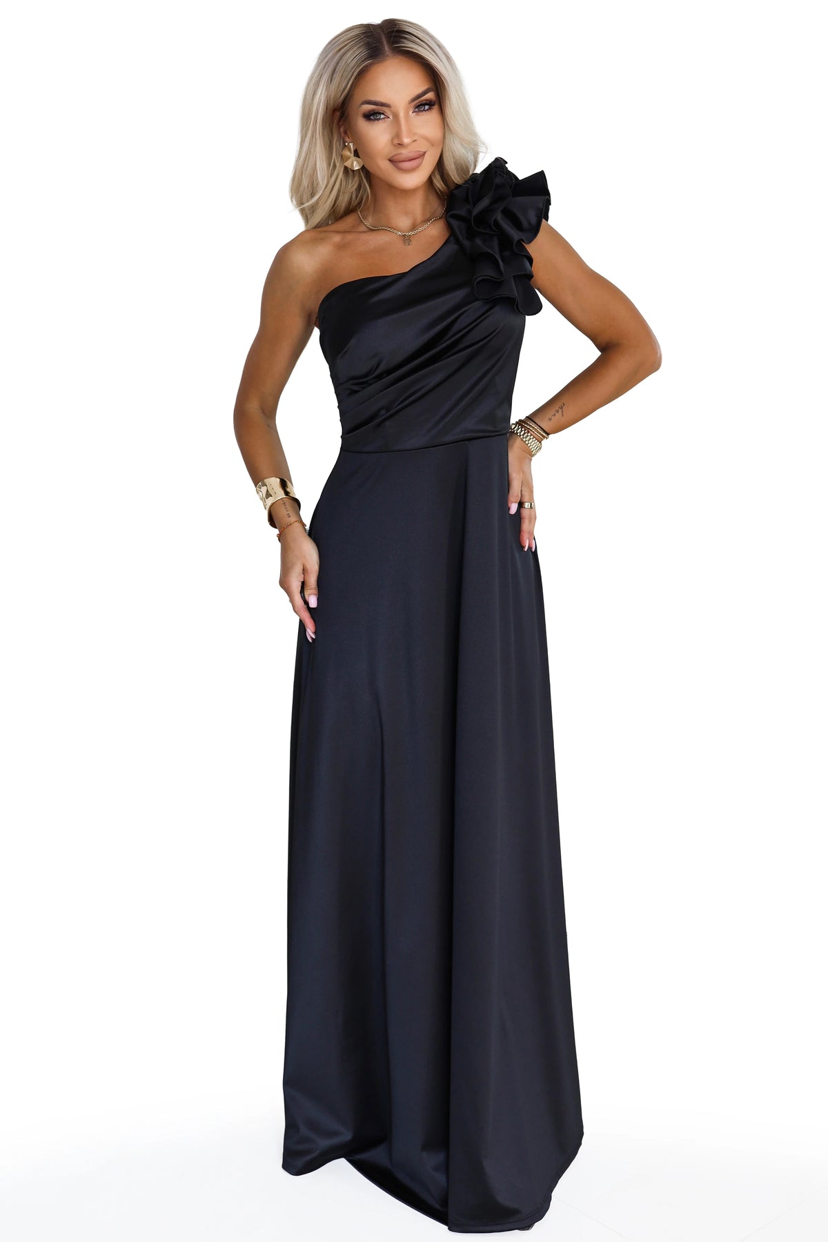 Satin one-shoulder maxi evening dress with a decorative ruffle – Black