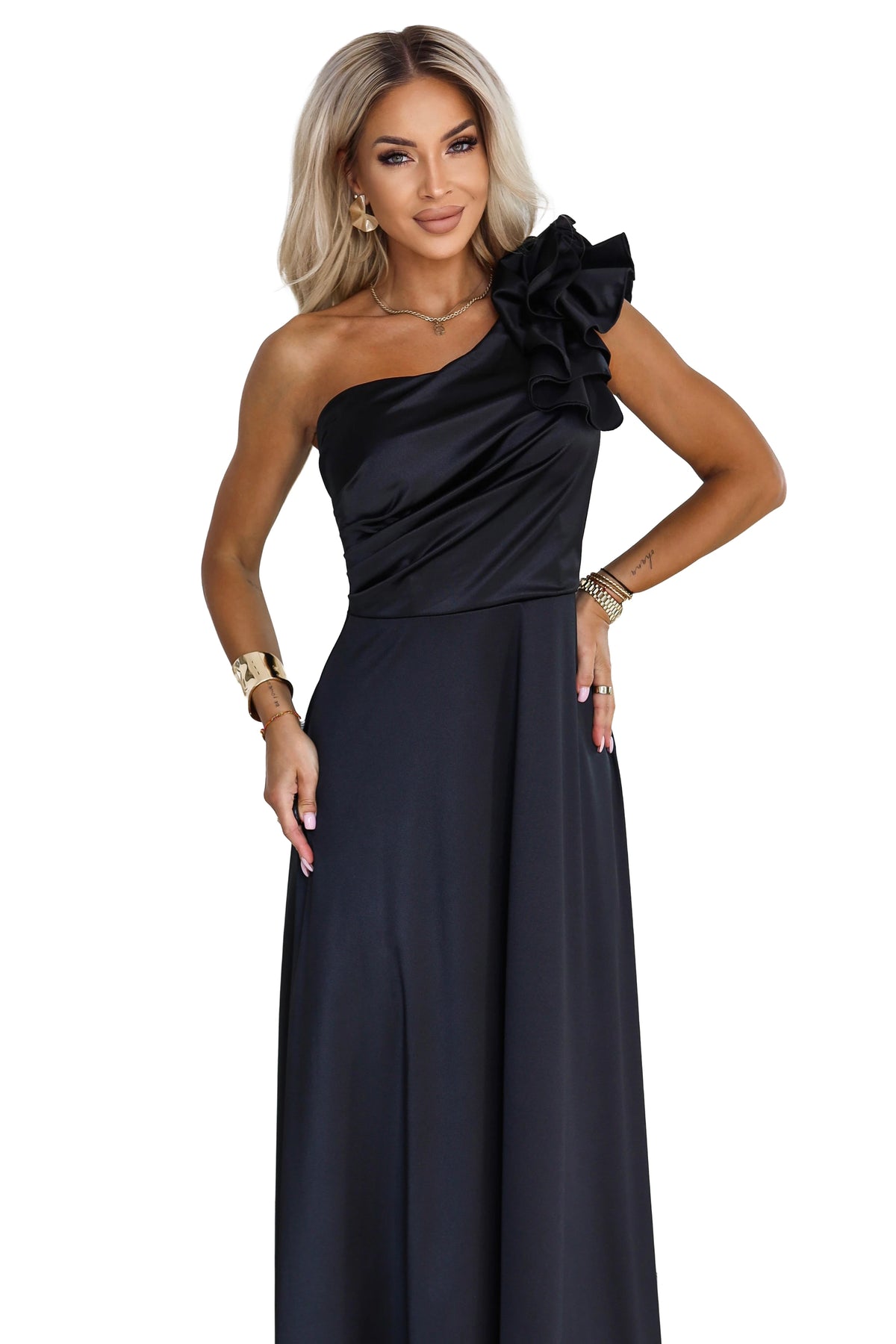 Satin one-shoulder maxi evening dress with a decorative ruffle – Black