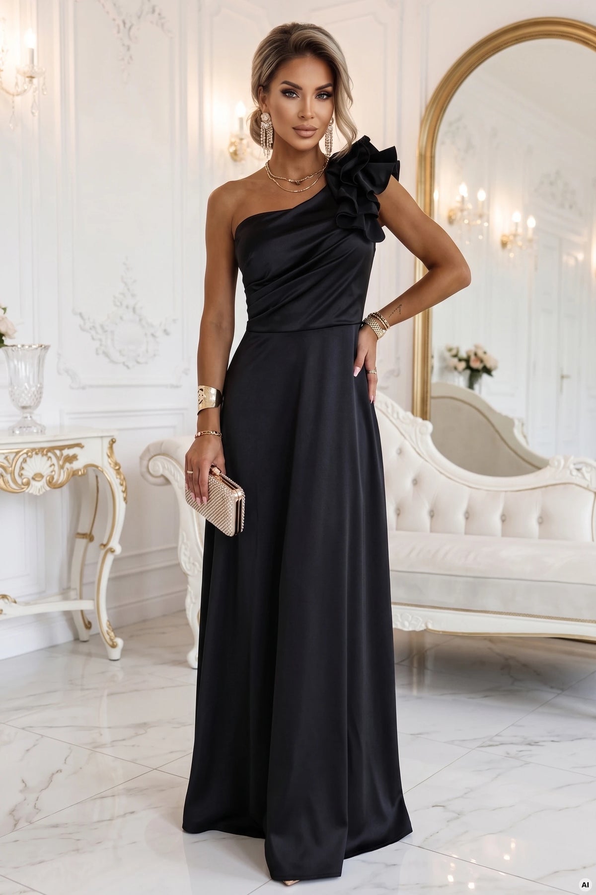 Satin one-shoulder maxi evening dress with a decorative ruffle – Black