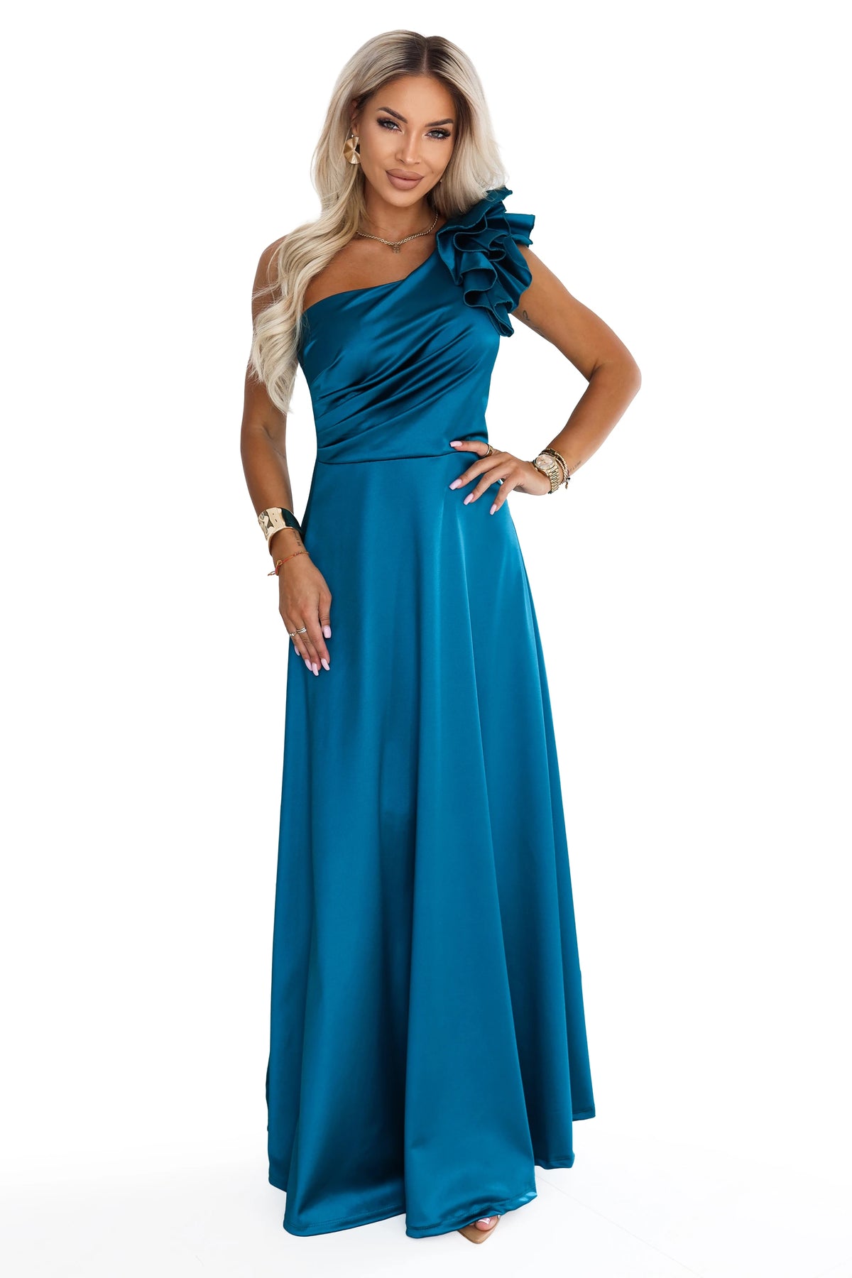 Satin one-shoulder maxi evening dress with a decorative ruffle – Sea Green