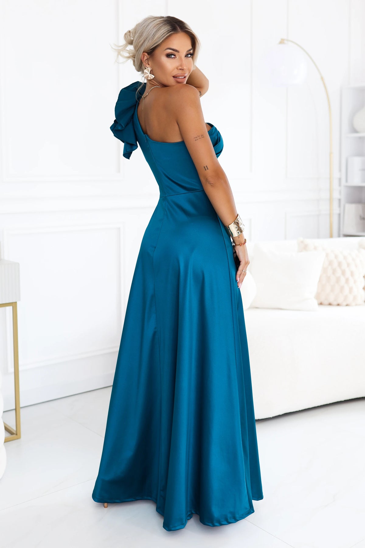 Satin one-shoulder maxi evening dress with a decorative ruffle – Sea Green