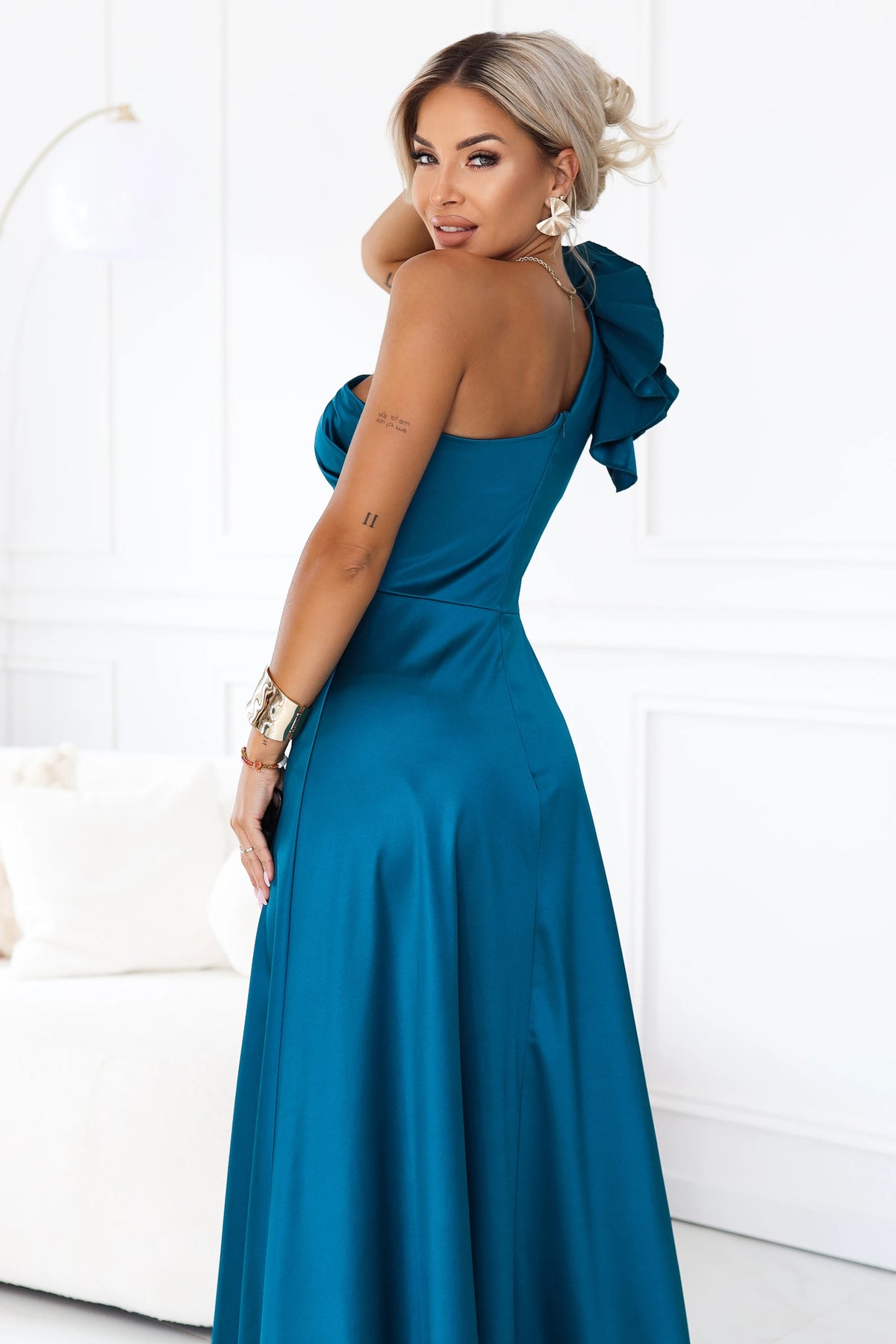 Satin one-shoulder maxi evening dress with a decorative ruffle – Sea Green