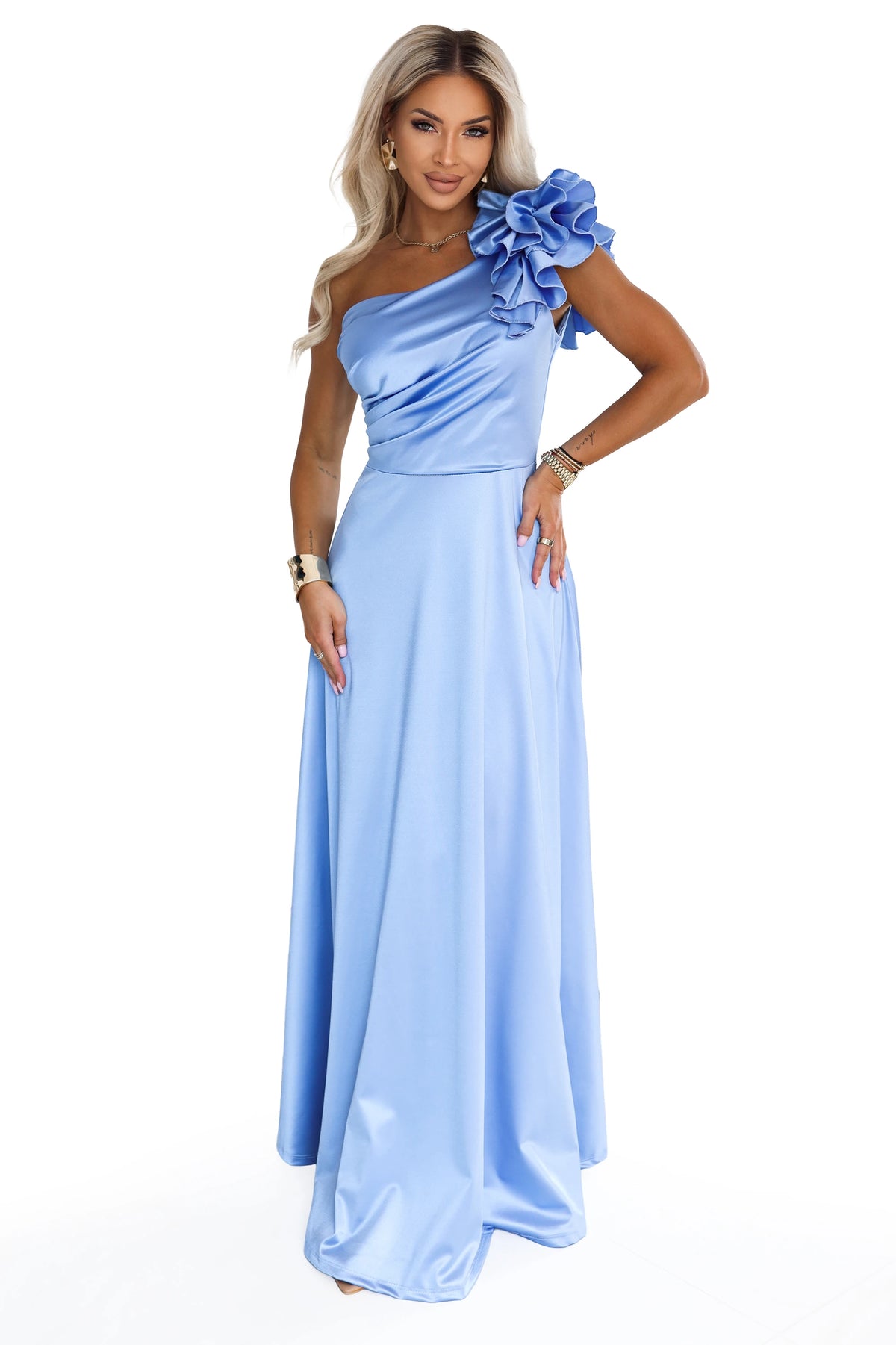 Satin one-shoulder maxi evening dress with a decorative ruffle – Light Blue