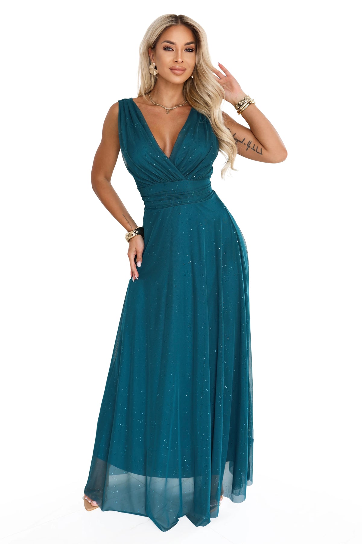 MIRELLA Evening maxi dress with glitter and V neckline – Sea Green