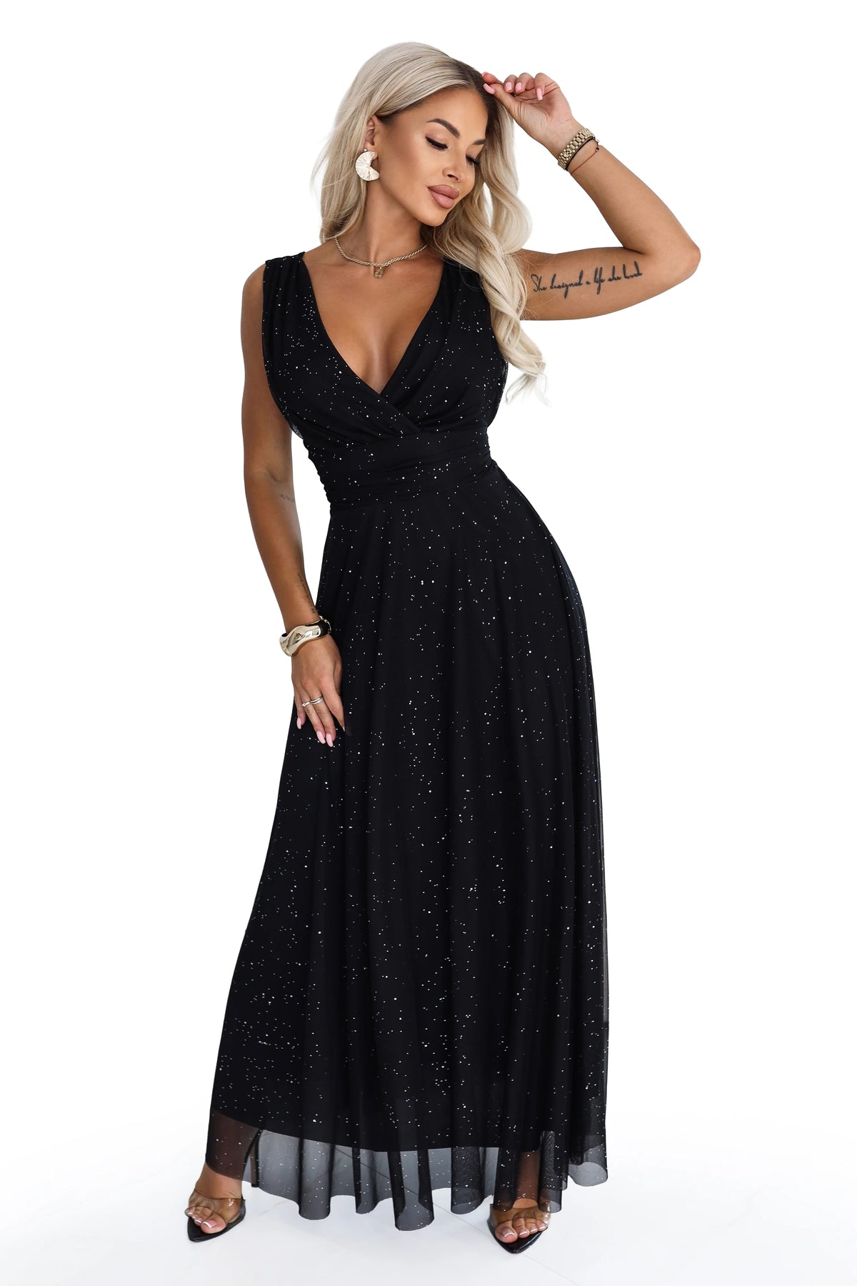 Antresola 6P MIRELLA Long evening dress with glitter tulle and V neckline – Black