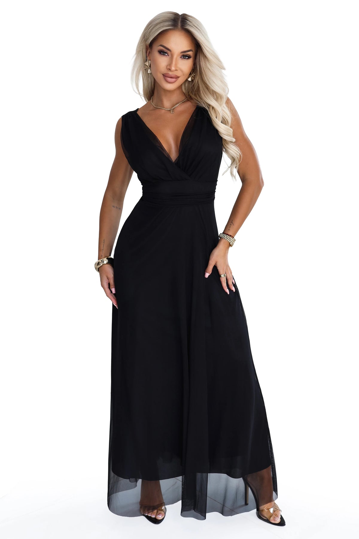 Elegant maxi dress with a wrap neckline and open back – Black