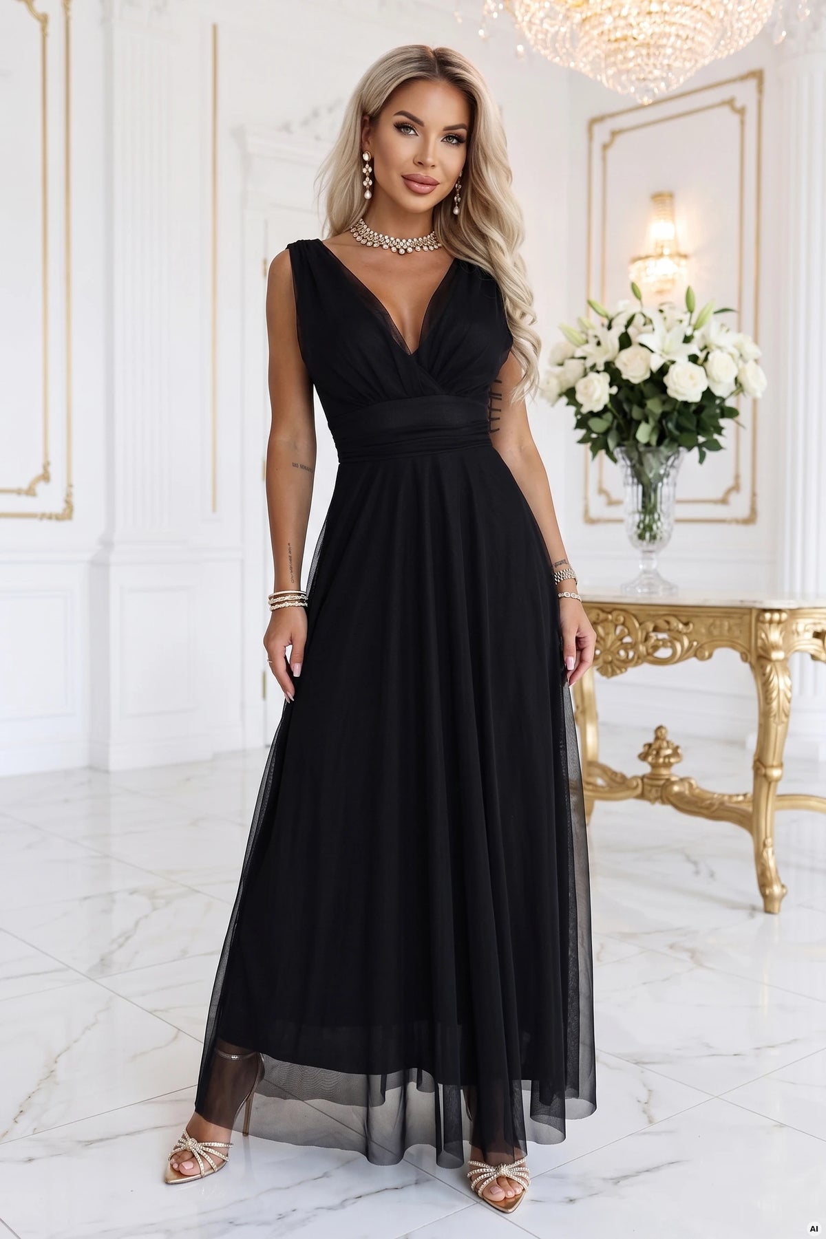 Elegant maxi dress with a wrap neckline and open back – Black