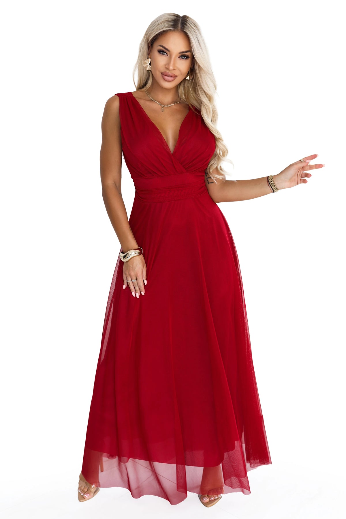 Elegant maxi dress with a wrap neckline and open back – Light Burgundy