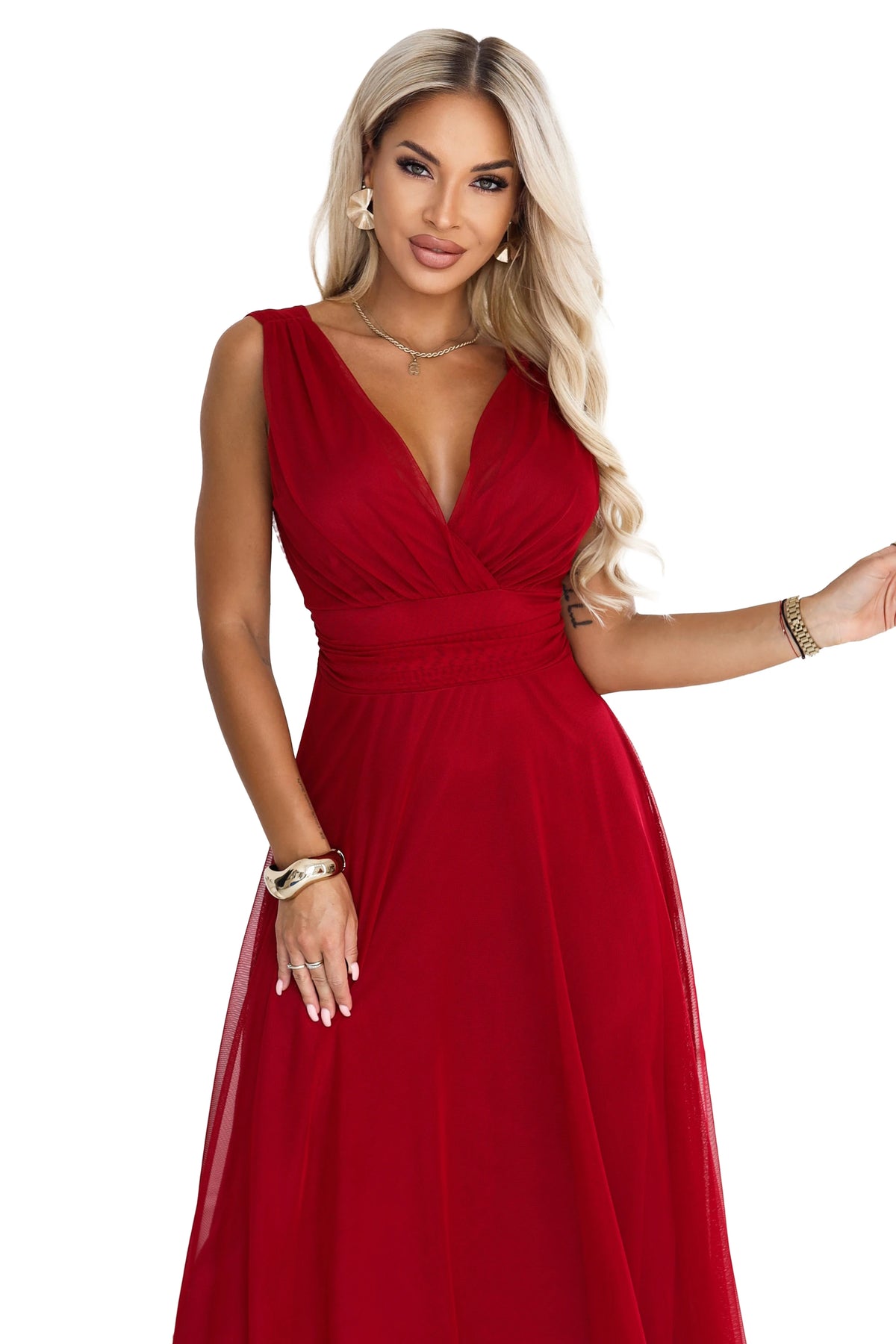 Elegant maxi dress with a wrap neckline and open back – Light Burgundy