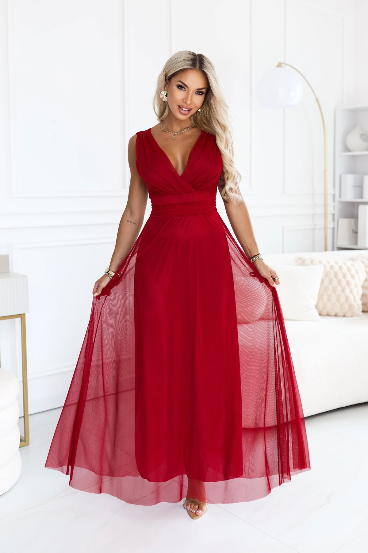 Elegant maxi dress with a wrap neckline and open back – Light Burgundy